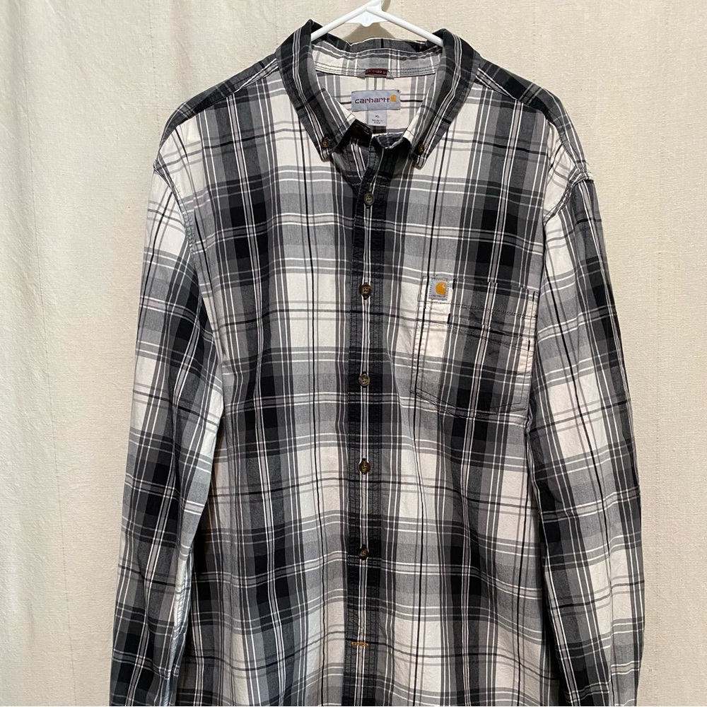 Carhartt Men's Black and White Plaid Button-Down Shirt